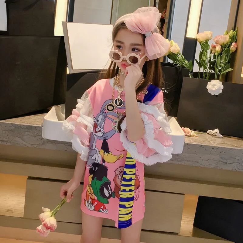 

New arrival summer girls cartoon printing round collar tulle sleeve dress, Picture shows