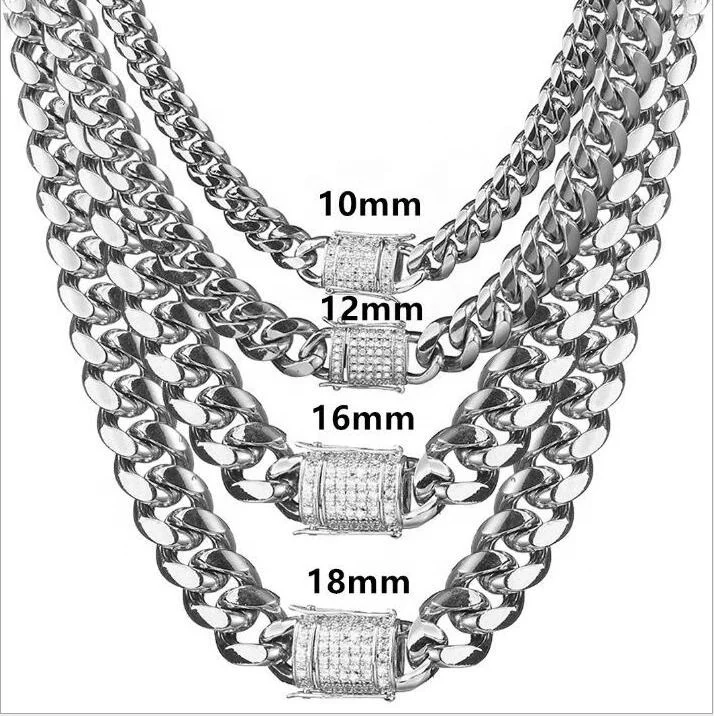 

Wholesale 8-18mm gold plated chain bling CZ stone stainless clasp steel miami cuban link hip hop jewelry, Gold/sliver