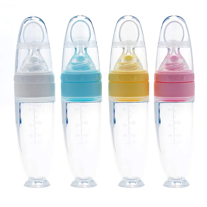 

Baby Infant Newborn Toddler Silica Gel Feeding Bottle Spoon Food Supplement Rice Cereal Spoon Bottle Training Feeder, Blue,pink,yellow,white