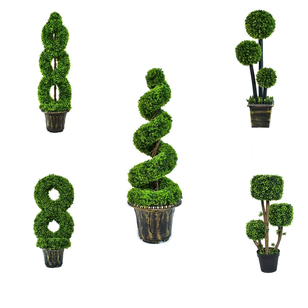 

Hot Sale Outdoor Decoration Grass Bonsai Large Plant Artificial Boxwood Topiary Spiral Tree, Green