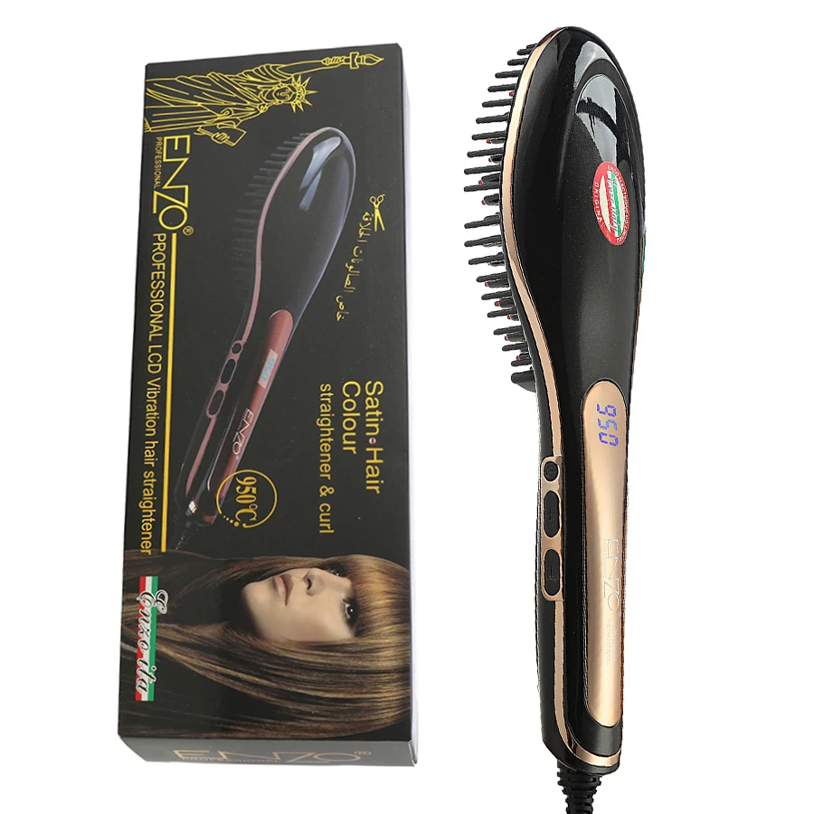 

ENZO professional LCD vibration hair straightener brush 2 in 1 Ionic Straightening Brush with Anti Scald Feature, Black