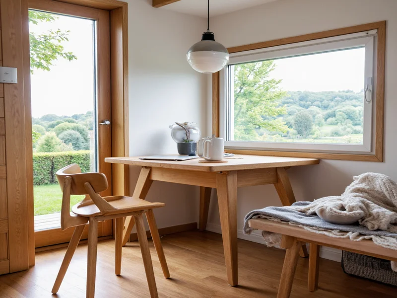 Fold-down table transforms tiny house dining area into workspace