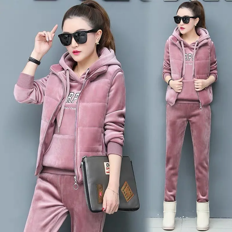 

droma gold velvet sports suit female Korean fashion new autumn and winter plus velvet thick hooded sweater 3 piece, Picture color