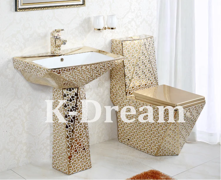 
Popular KD-23GBA electroplated hand wash basin golden with pedestal ceramic sink 