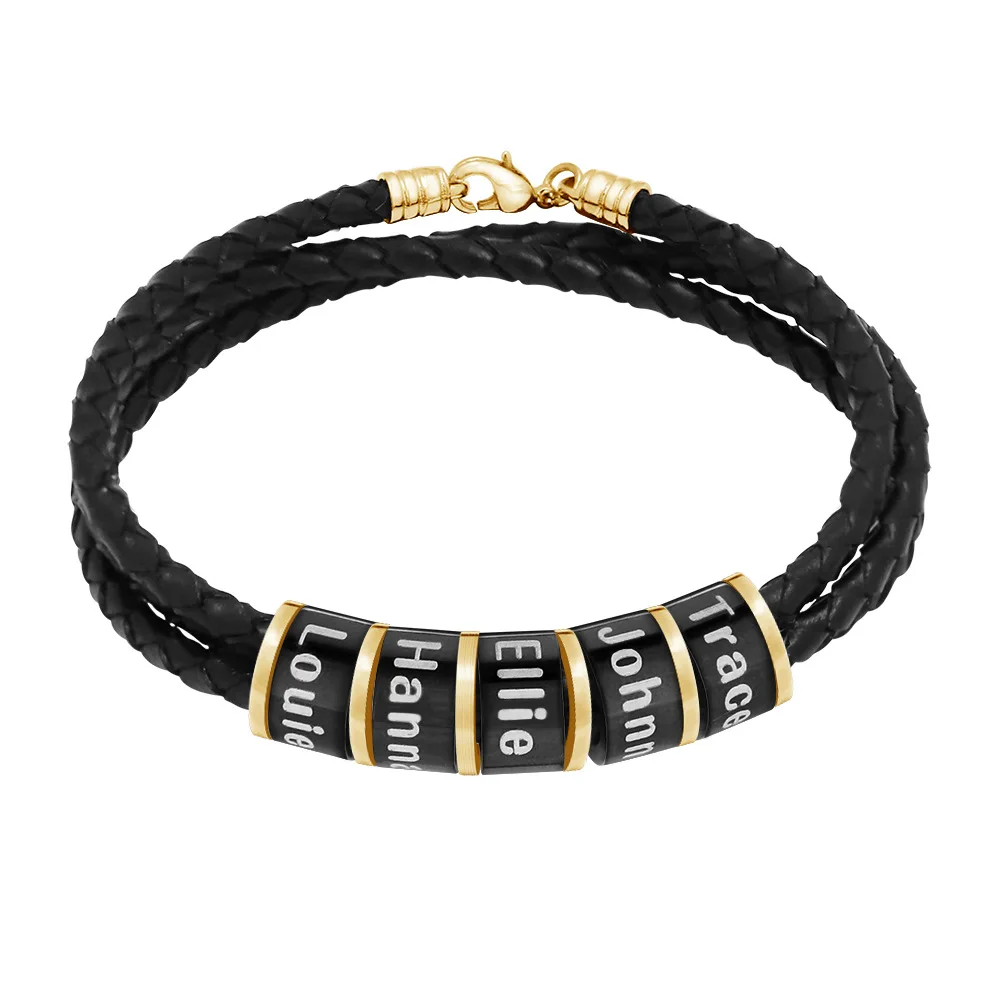

Personalized Mens Black Braided Leather Bracelets with 1-7 Names Engraved in Custom Beads Custom ID Bracelet gift for Dad, As pic