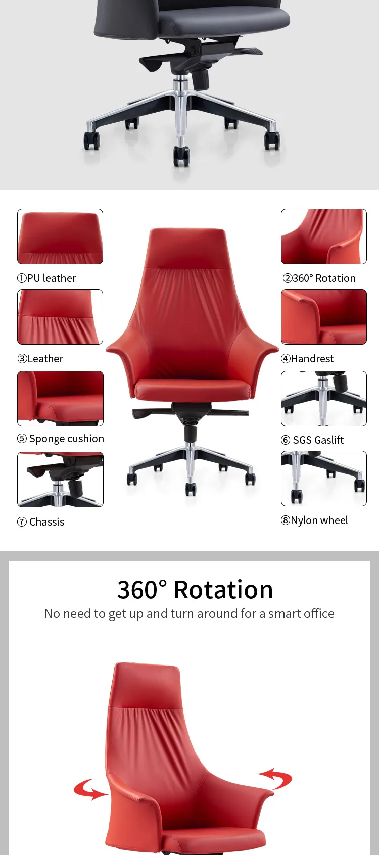 Heavy Duty Commercial Furniture Tilting Back Red Color Office Industrial Pu Leather Chair