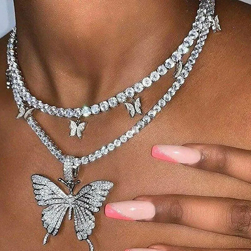 

Luxury Gold Silver Pink Crystal Rhinestone Butterfly Necklace Iced Out Tennis Chain Butterfly Pendant Necklace for Women