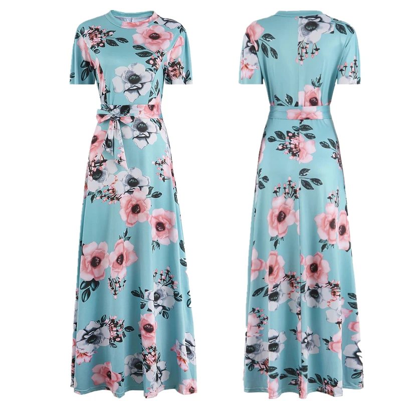 

2021 Women Plus Size Clothes Short Sleeve Ladies Dress Floral Print Maxi Dress Turtleneck Bandage Elegant Casual Dresses, 3 colors