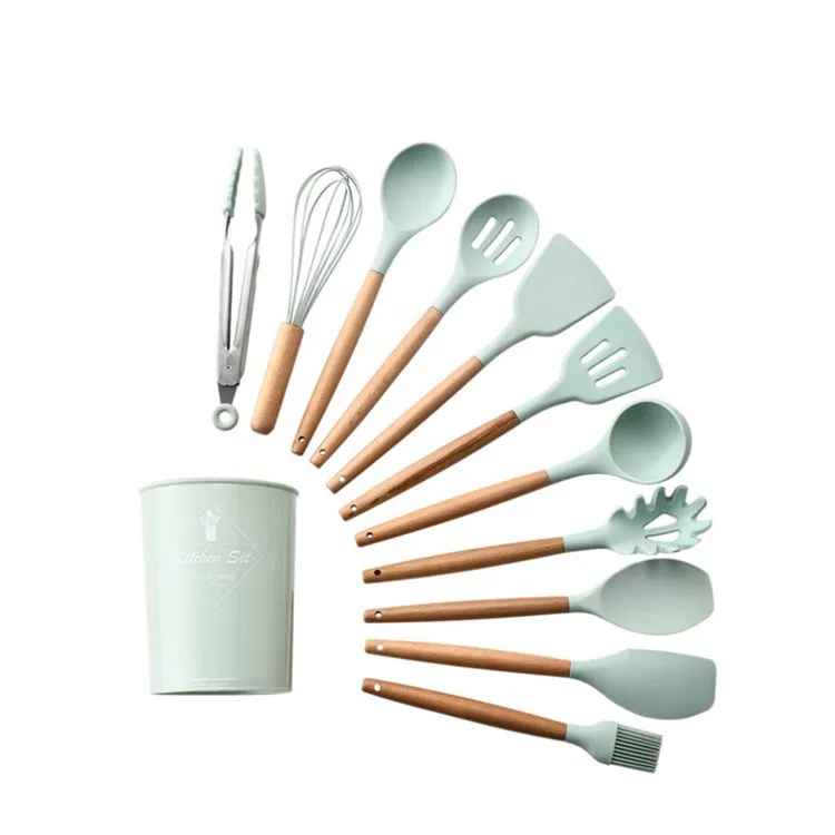 

Amazon hot sale nice price food grade Silicone Kitchen Cooking Utensils Set Wooden Handles Include Turner Tongs Spatula Spoon