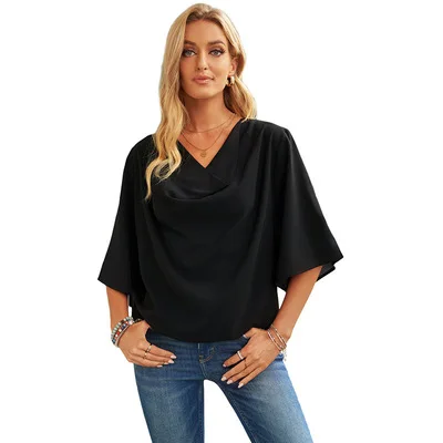 

F41079A 2020 European and American summer new pure color droop pleated sleeve chiffon women's blouses & shirts ladies' blouses, As picture