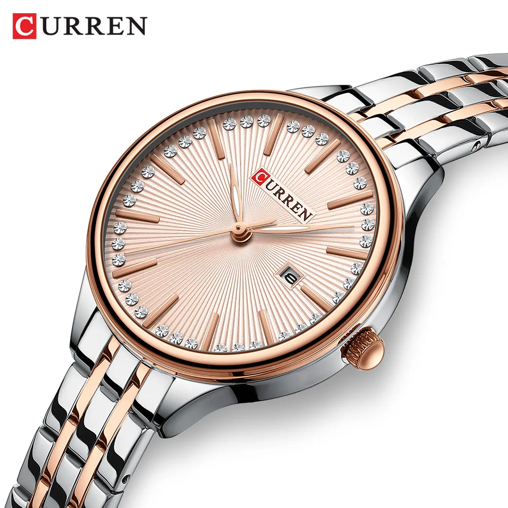 CURREN 9099 Women Quartz Analog Watch Lady Diamond Calendar Stainless Steel Strap Glass Fashionable Business Leisure Wristwatch