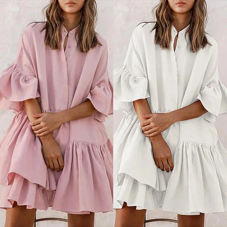 

New Year Clothes Women Loose Pink Dress Summer Big Size Boho Puff Long Sleeve Dress, White, pink