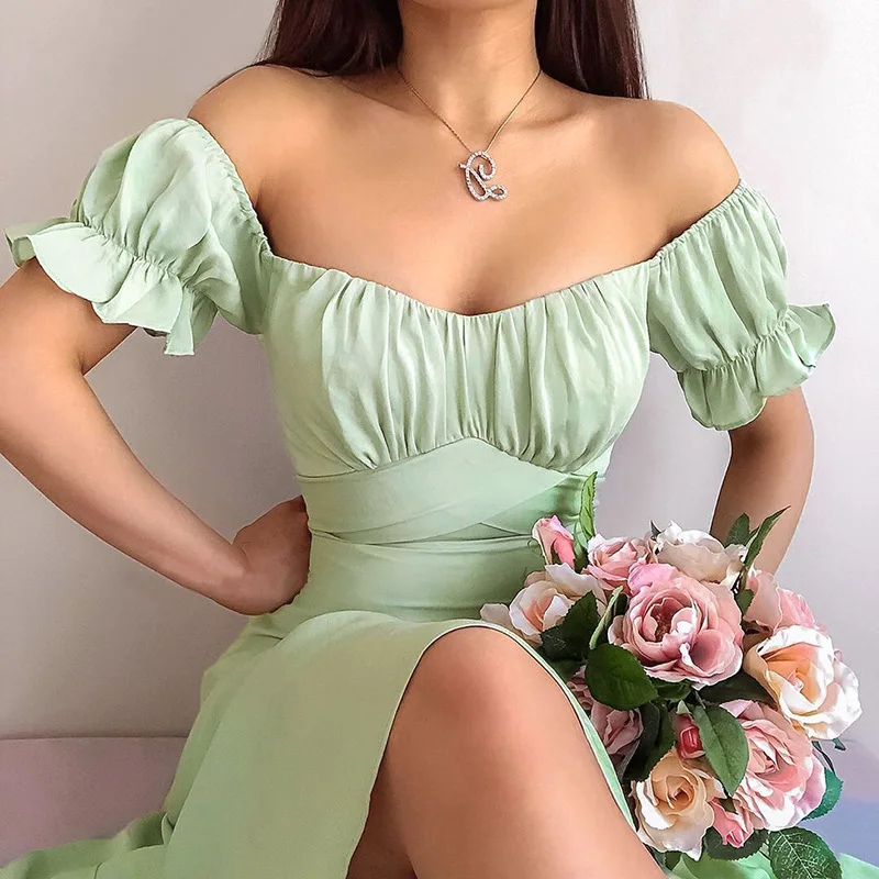 

Women Simple Short Puff Sleeve Midi Dress Off Shoulder Elegant Folds Casual Midi Dresses, White, purple, light green, blue, dark pink, light pink