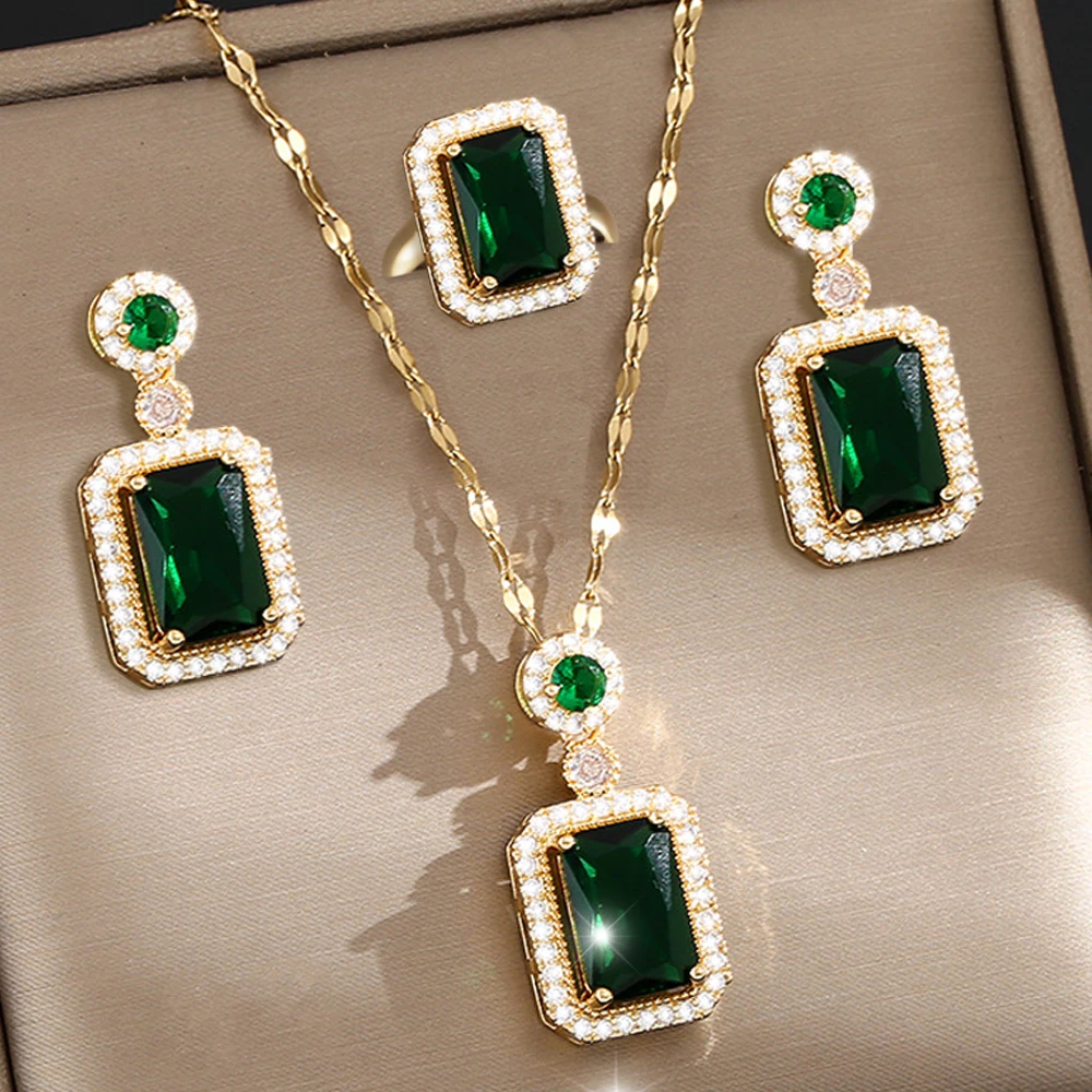 Vintage Zircon Crystal Jewelry Set for Women Includes Diamond Necklace Pendant and Dangle Earring for Wedding Occasion