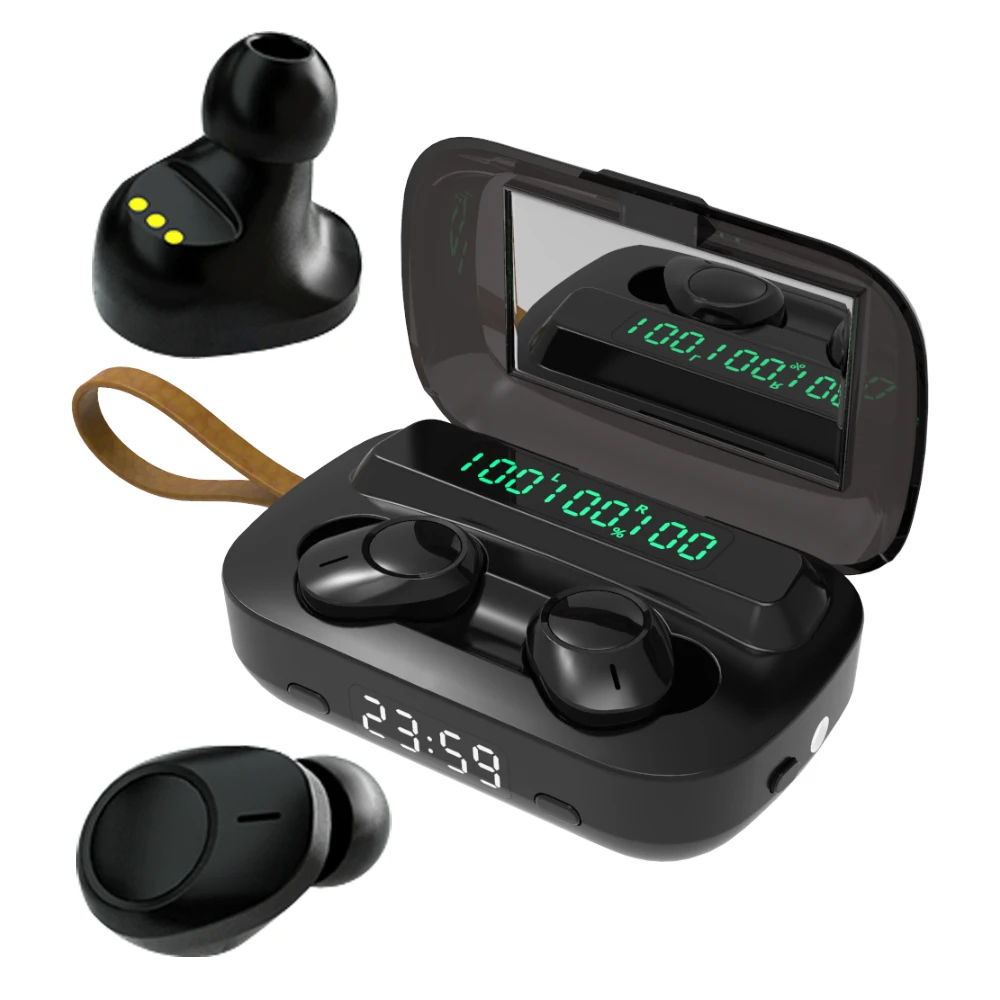 

New IP67 Waterproof Handsfree Headphone Mini Touch V5.0 Wireless Earphone Mirror Clock LED Light M13 Earbuds, Black