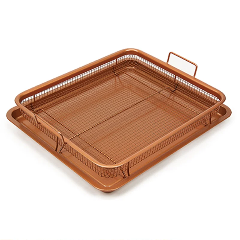 

Non-stick French Fries Fryer Copper Crispy Tray Rectangle Durable Mesh Basket With Reinforced Ceramic Coating Tray