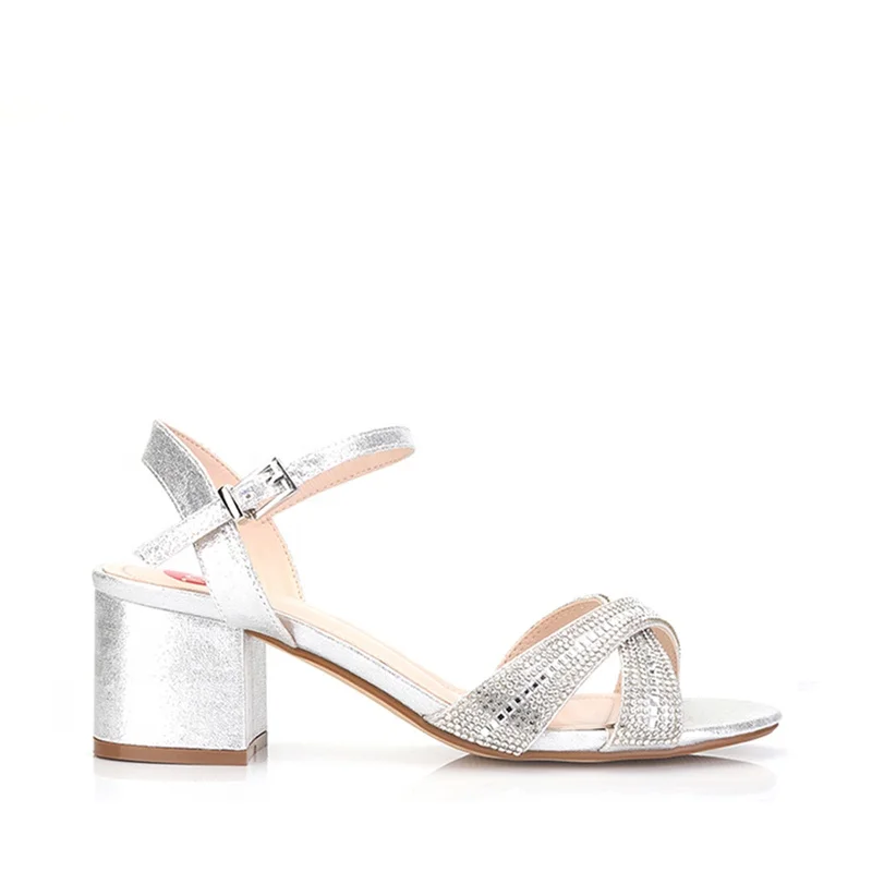 

Cheap Price China Shoes Factory Mid Heel Wide Fit Ankle Strap Sandals New Women Crystal Sandals, Silver or blue