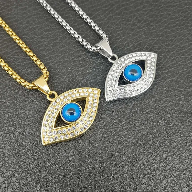 

Titanium Steel Hip Hop Crystal Rhinestone Turkish Evil Eyes Necklace Iced Out Diamond Blue Evil Eyes Pendant Necklace