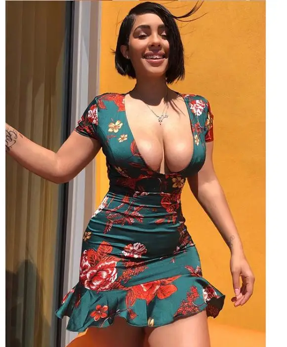 

Women Deep V Neck Backless Flounce Flowers Short Sleeve Bodycon Dress women sexy dress 2021, Floral