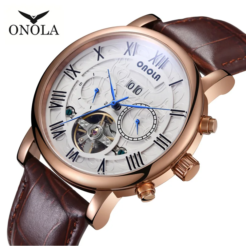 

ONOLA Mechanical Wristwatch Men Watch Luxury Retro Watches Chronograph Tourbillon Waterproof Leather Relogio Masculino