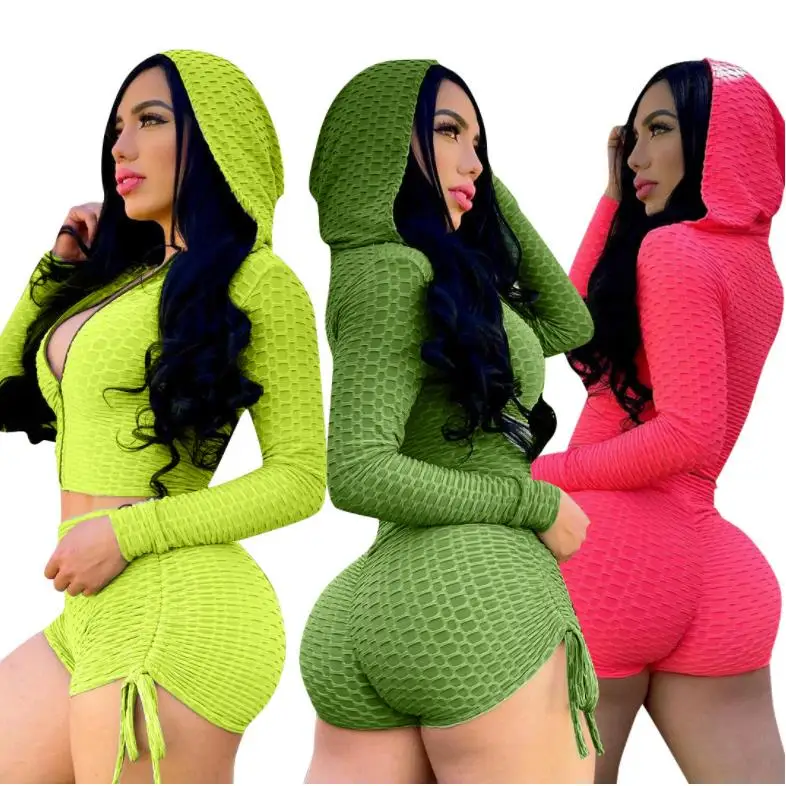 

custom logo 2021 new arrival women summer slim fit fashion shorts hoodie suit two piece set outfits biker shorts for women