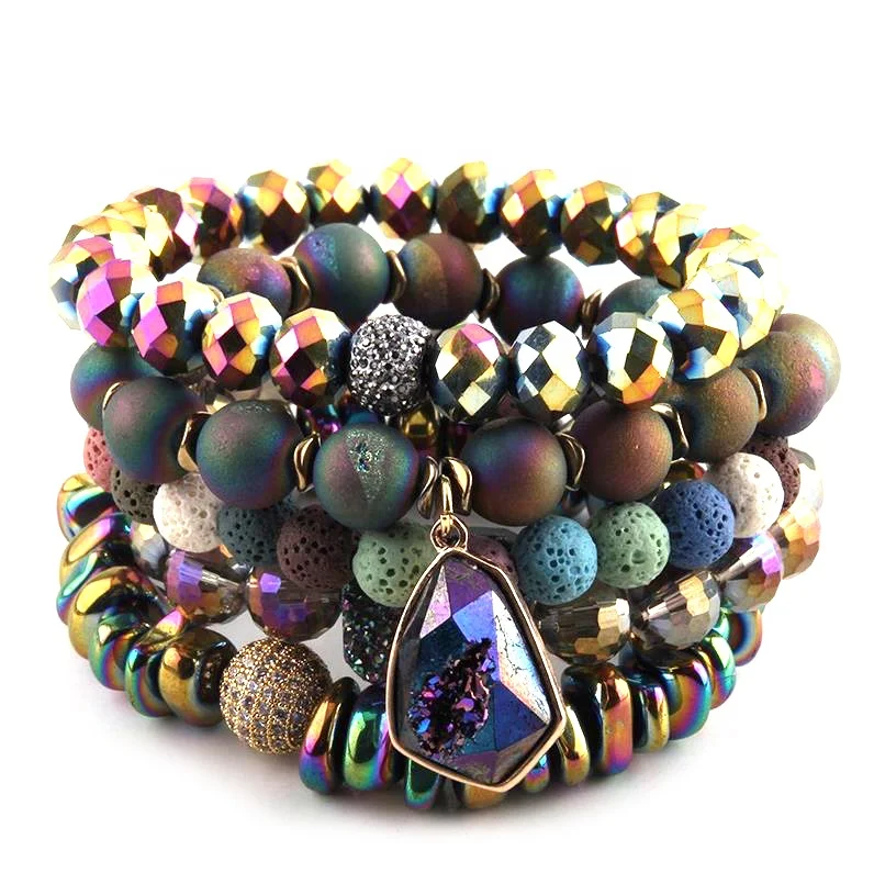 

Women Fashion Jewelry Elastic Bracelet Sets Natural Druzy Stone & Magnetic Beads CZ ball Stretch Charm Stack Bracelet Set