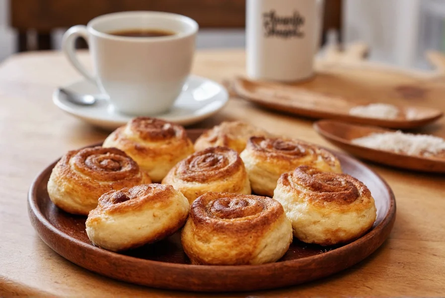 Traditional Swedish cinnamon buns arranged on a wooden plate with coffee cup