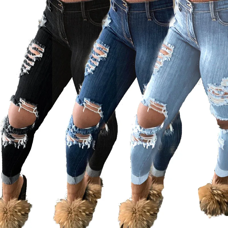 

2021New arrivals plus size pants pantalones custom fashion ripped denim jeans women