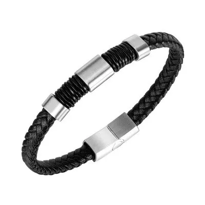 

Drop Shipping Single Layer Stainless Steel Leather Bracelet Bangle Black Magnetic Buckle Leather Bracelet