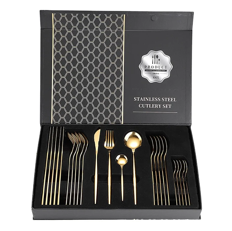 

Amazon online shop trending product 24pcs Stainless Steel Flatware Tableware Gold Colored Cutlery Set in attractive Golden Gift