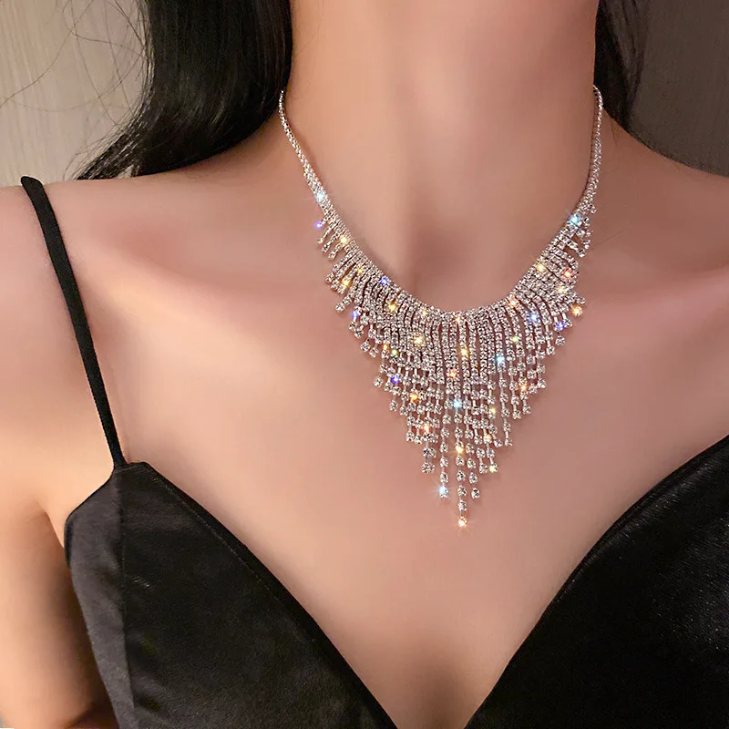 

SC Luxury Exaggerated Shinning Rhinestone Crystal Necklace Long Tassel Diamond Zircon Choker Necklaces for Women Wedding Jewelry