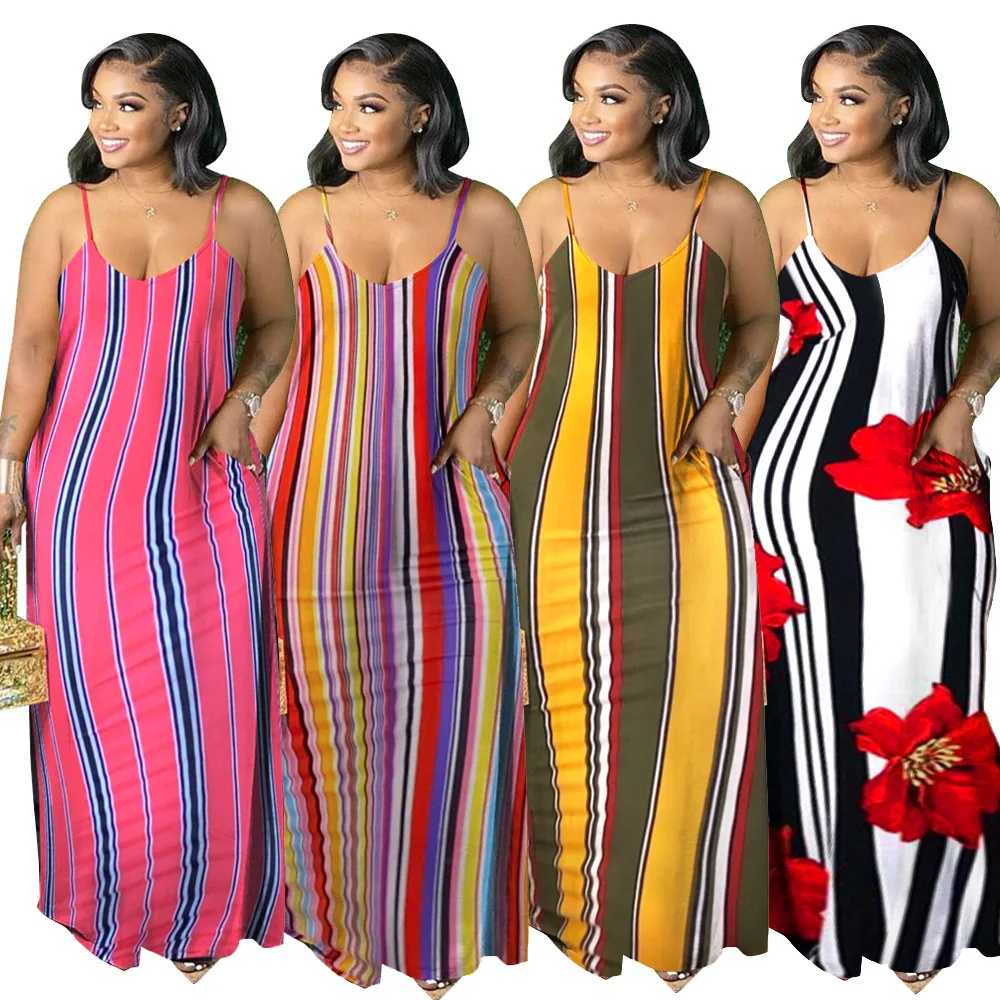 

L-4XL 2021 summer women clothing stripe patchwork sling sleeveless backless sexy loose plus size maxi dress, 4 colors and also can make as your request