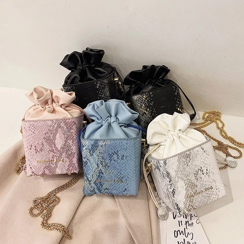 

Wholesale pu leather ladies shoulder box handbag phone purse snakeskin crossbody drawstring bucket bag, 5 colors