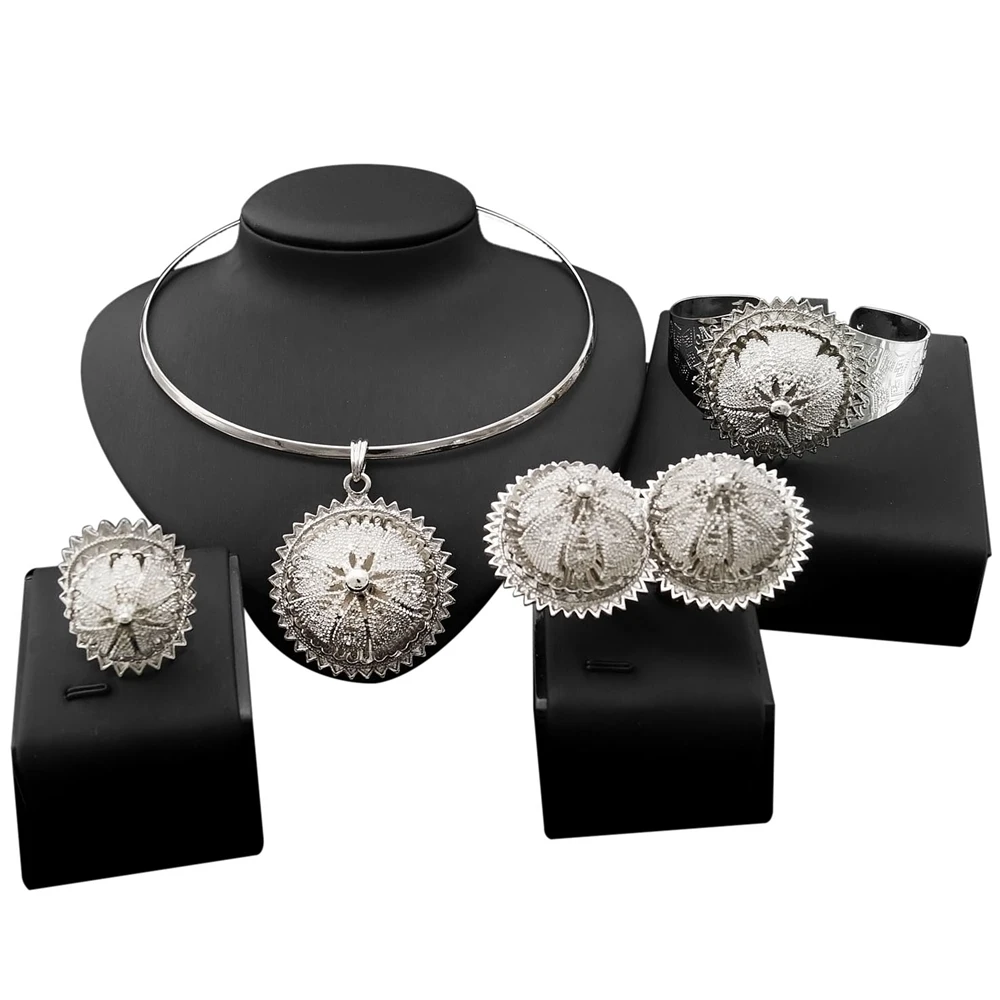 

Yulaili Design Good Quality Gorgeous Silver Sunflower Shape Jewelry Set Ethiopian Costume Latest Ethiopian Women's Jewelry Sets