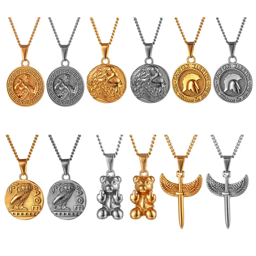 

Retro Spartan Warrior Men Necklace 18k Gold Jewelry Tarnish Free Greek Owl Pendant Stainless Steel Angel Wing Sword Necklace