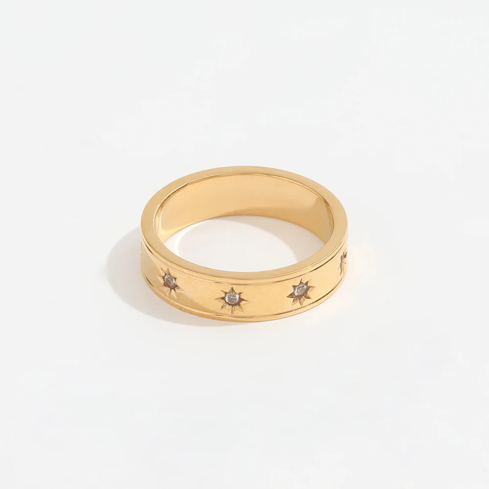 Joolim Jewelry Wholesale 18K Gold Plated Zirconia Star Surround Stainless Steel Band  Ring for Women Jewelry