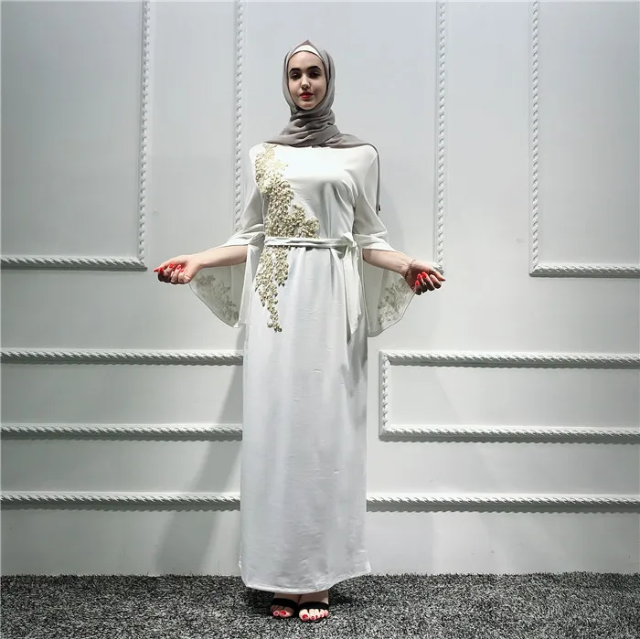 

New Arrival Muslim modern Elegent maxi dress elastic with pearl, Black,white,purple