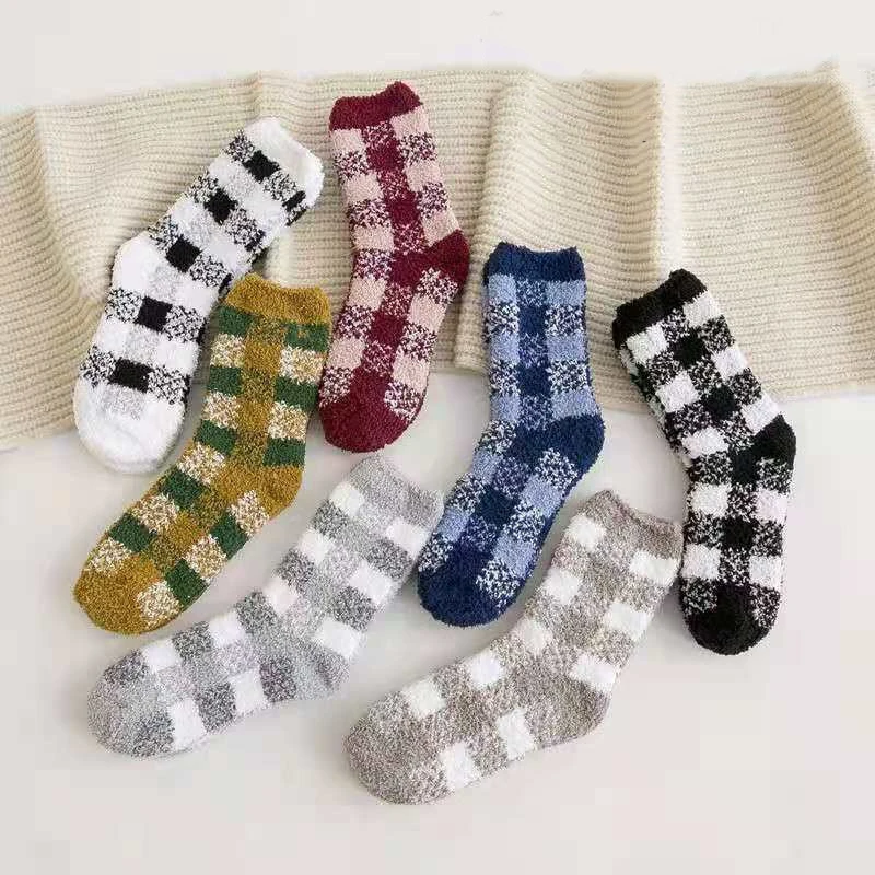 

Coral Fleece Warm Black Blue Khaki Plaid Winter Fuzzy Socks Wholesale Unisex Men, 7 colors