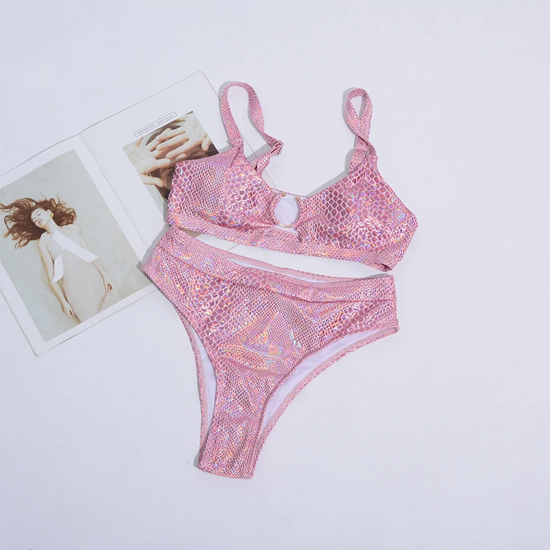 

custom logo label tag 2021 bronzing pink snake bikinis with ring woman swimwear shipping out within 24 hours, Brown