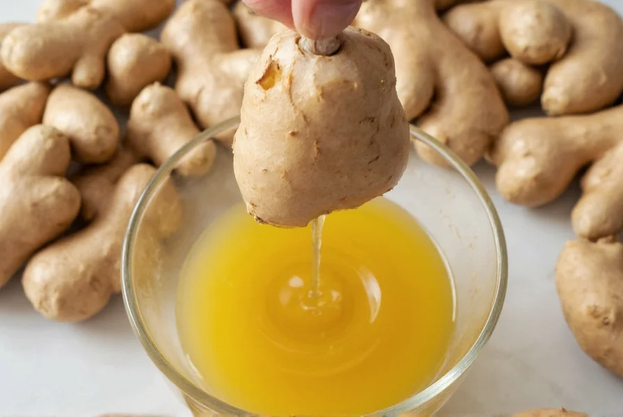 Fresh ginger root being juiced with manual press, showing golden liquid extraction