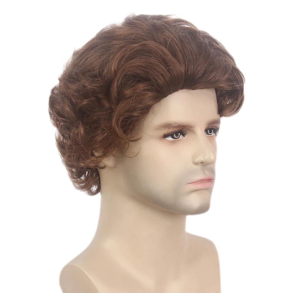 Mens Brown Wig Short Layered Curly Wavy Male Wig Synthetic Hair Wigs Heat Resistant Cosplay Halloween Party with Wig Cap 