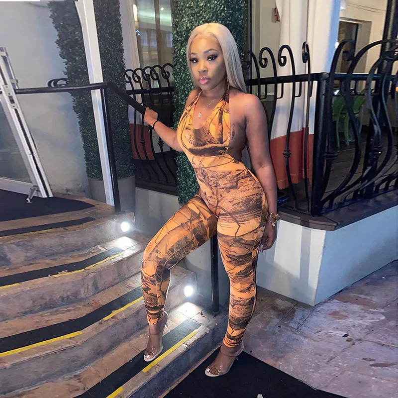 

2021 Hot Selling Women Printed Clothing Set Autumn Sexy Halter Bodysuits Leggings Tight Streetwear Two Piece Outfit