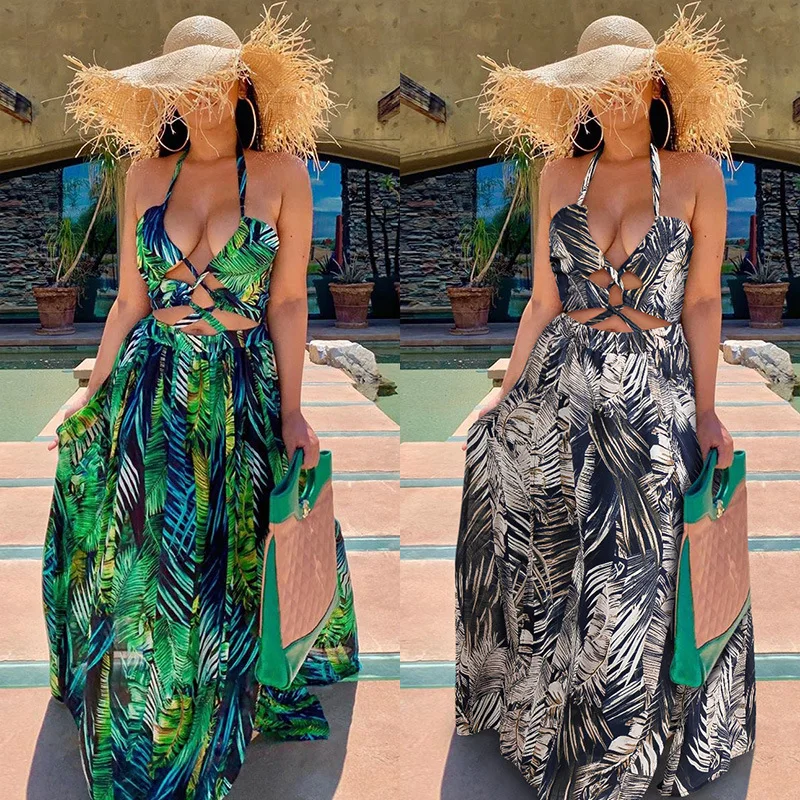 

Bohemian Palm Leaf Sexy High Slit Summer Beach Halter Sleeveless Bandage Long Maxi Casual Dress Women