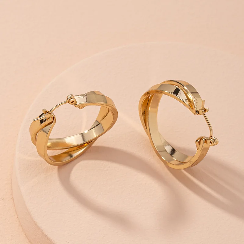

18K Gold Plated Plain Flat Round Circle Hoop Earrings Crossed Circle Hoop Earrings, As pictures