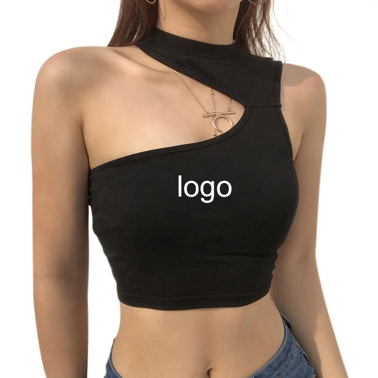 

women stretchable slim fitting asymmetrical sleeveless knit t-shirts one shoulder black crop top, All pantone color is accept
