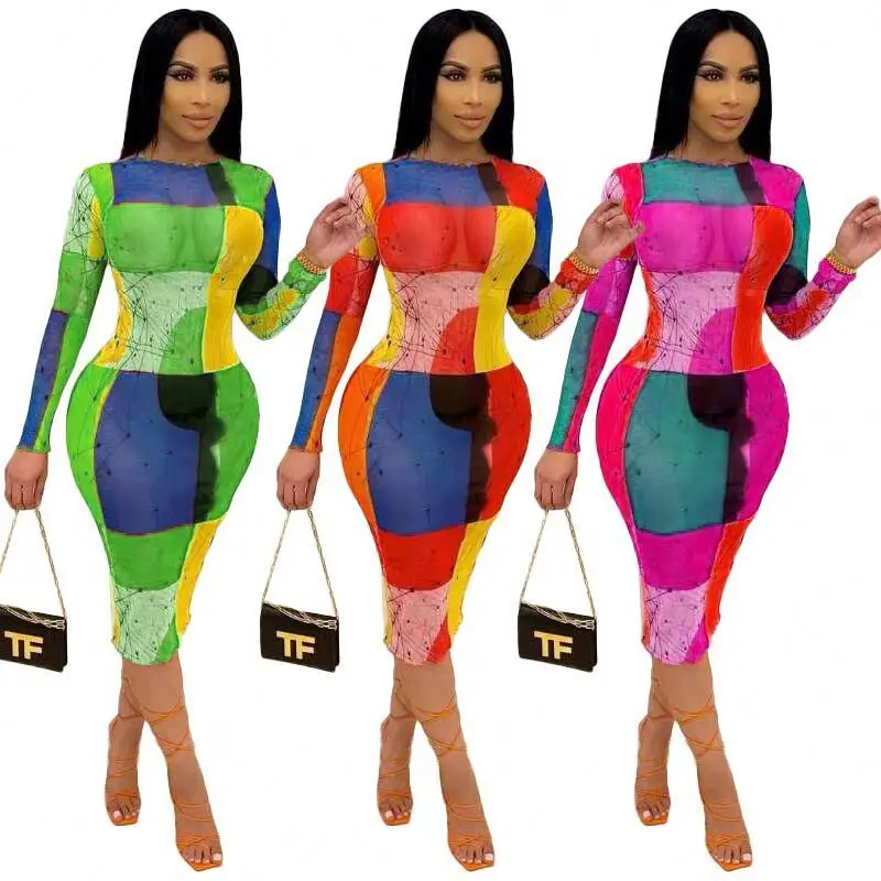 

CS041 2021 fashion summer pencil dress digital printing mesh womens dresses 2021 trending, Custom color or our colour stock