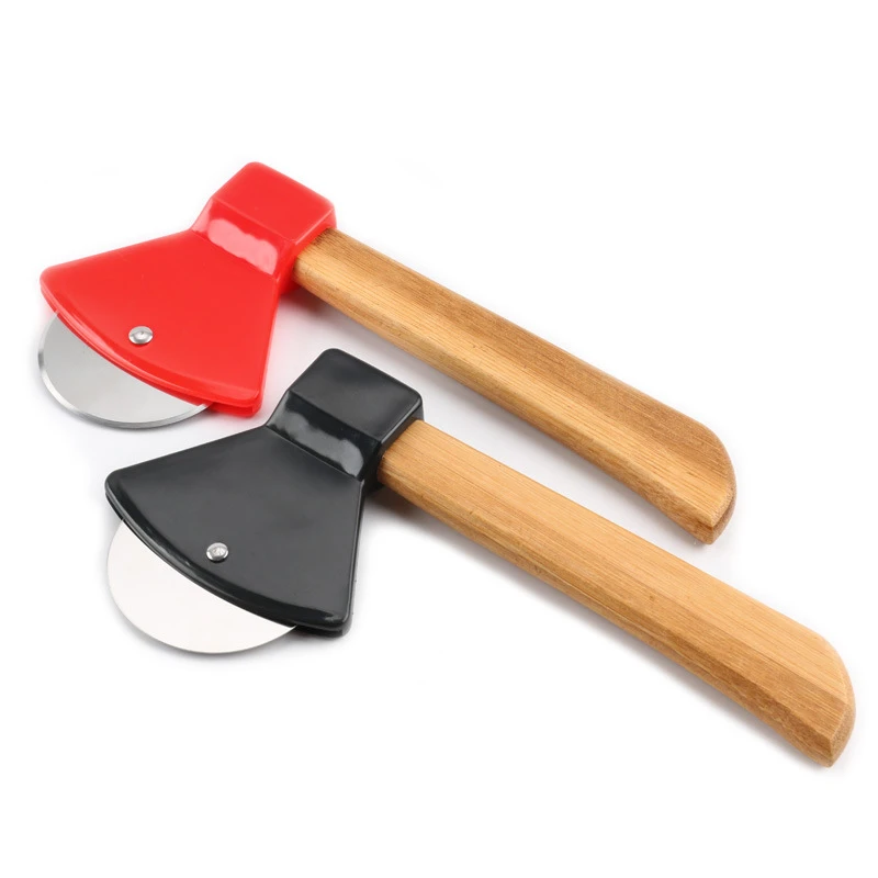 

New Design Axe Pizza Cutter Stainless Steel Round Pizza Wheel with Ergonomic Bamboo Handle Pizza Cutter Wheel, Black and red