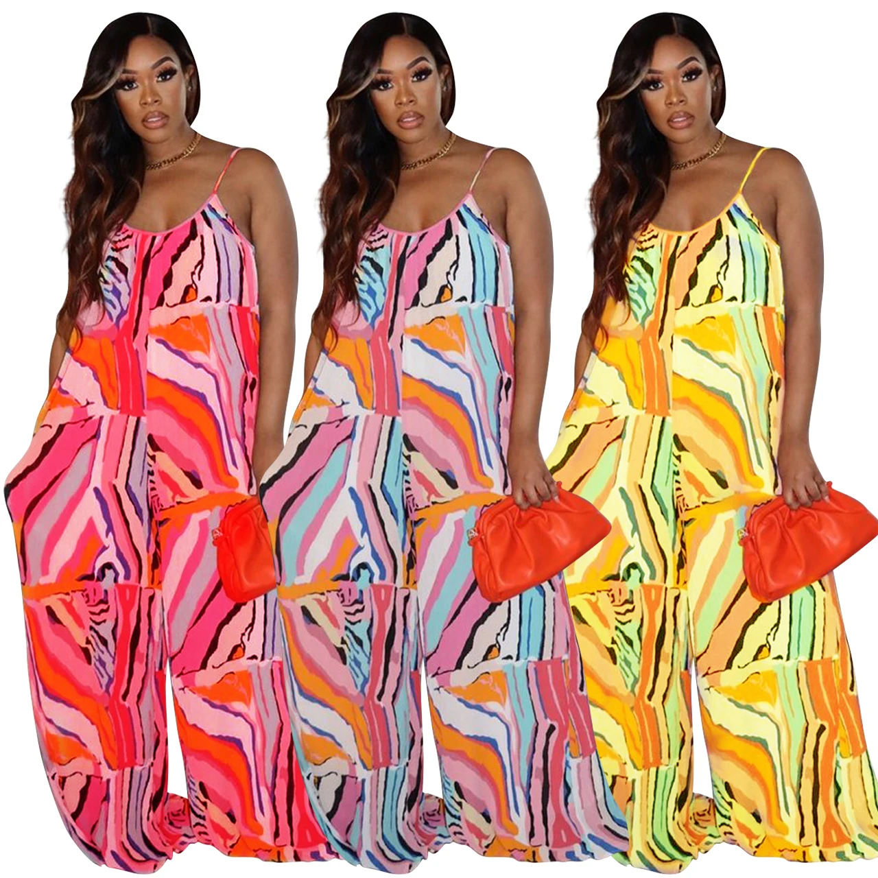 

Amazon Best selling Fashion Striped Print Wide Leg Sling Jumpsuits for Women