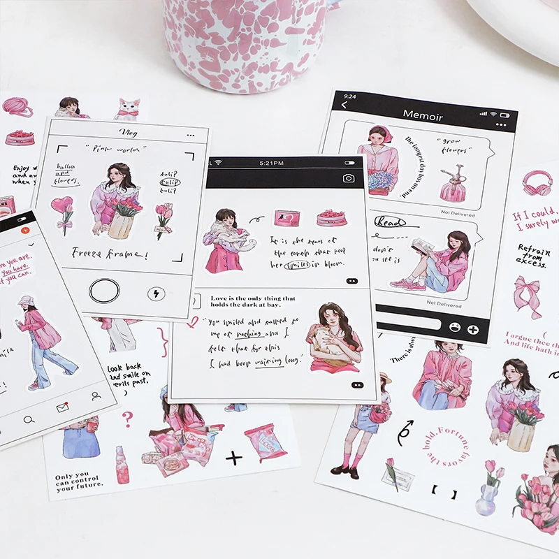 

4 design 1 pcs / set stickers pink hand-drawn girl character life decoration stickers pack for Diary Scrap Book