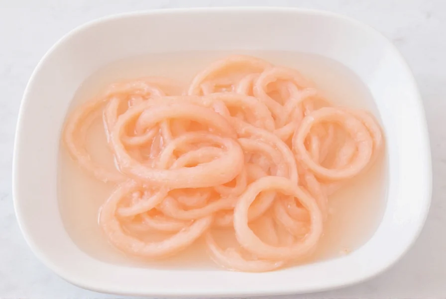 Thinly sliced young ginger pickled in clear vinegar solution showing natural pale pink color